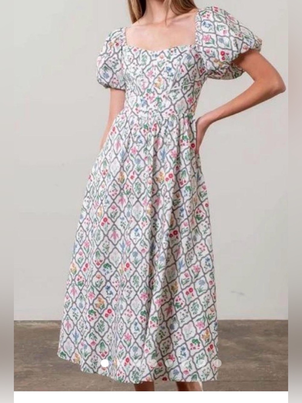Moon River Floral Midi Puff Sleeve Basque Waist Dress S